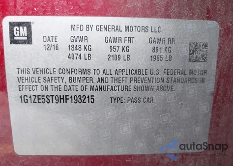 2017 Chevrolet Malibu 1Lt from USA, damaged, VIN 1G1ZE5ST9HF193215